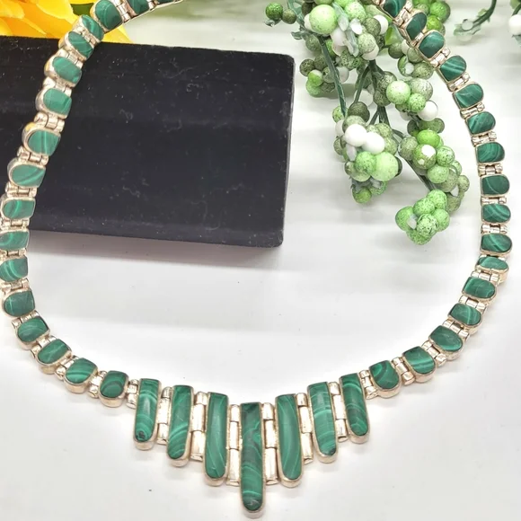 🌿950 sterling s925 Malachite choker necklace 72 grams. - Picture 3 of 6